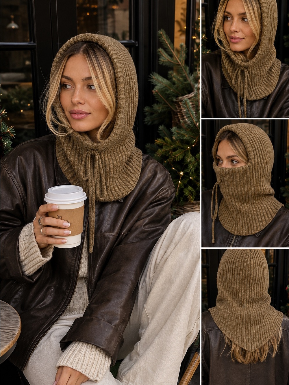 Free People Olive Brown Ribbed Knit Hooded Balaclava